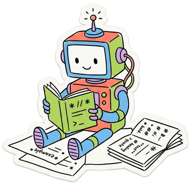 Sticker of a tiny round robot character happily reading a ruled note page